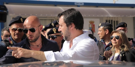 Italy's vice Prime Minister and Minister of the Interior, Matteo Salvini visits the hotspot in Pozzallo, Ragusa district, Italy, 03 June 2018. We will not be the refugee camp of Europe - Salvini said - during a visit in the first aid migraton centre in Pozzallo, Sicily Island. ANSA/ ANDREA SCARFO' (ANSA via AP)
