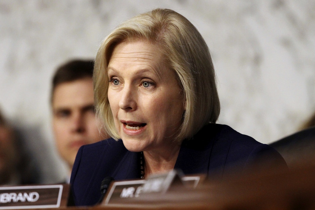 Sen. Kirsten Gillibrand, D-N.Y., asks Defense Secretary Jim Mattis about the issue of transgender troops, during a Senate Armed Services Committee hearing on the Department of Defense budget posture, Thursday April 26, 2018, on Capitol Hill in Washington. (AP Photo/Jacquelyn Martin)
