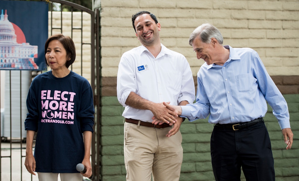 UNITED STATES - MAY 19: Democrats running for the California 39th Congressional district, from left, Mai-Khanh Tran, Sam Jammal and Andy Thorburn, speak to voters during a rally held by Swing Left at Carolyn Rosa Park in Rowland Heights, Calif., on Saturday, May 19, 2018. California is holding its primary election on June 5, 2018. (Photo By Bill Clark/CQ Roll Call) (CQ Roll Call via AP Images)