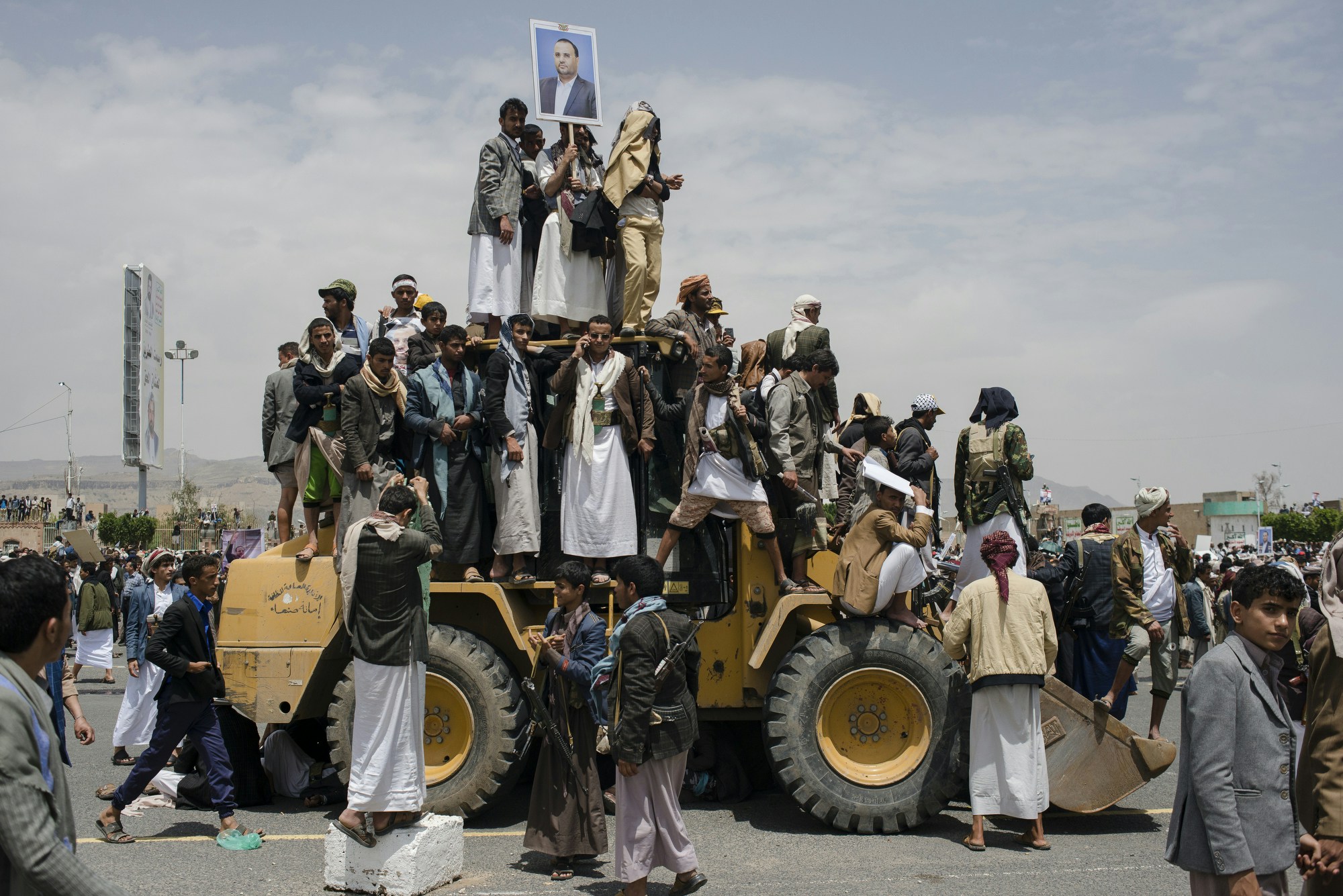 Supporters of the Houthis gather for prayer and the funeral of Salah al Samad, a Houthi political leader who was killed in an airstrike, April 28 in Sana'a, Yemen