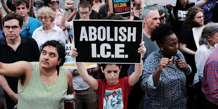 NEW YORK, NY - JUNE 01:  Immigrant rights advocates and others participate in rally and and demonstration at the Federal Building in lower Manhattan against the Trump administration's policy that enables federal agents to take migrant children away from their parents at the border on June 1, 2018 in New York City. In coordinated marches across the country people are gathering outside U.S. Immigration and Customs Enforcement (ICE) field offices, U.S. attorney's offices, and the Deparment of Justice headquarters in Washington, D.C., to put increasing pressure on the Trump administration's family separation policy at the border.  (Photo by Spencer Platt/Getty Images)
