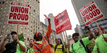 NEW YORK, NY - JUNE 27: Union activists and supporters rally against the Supreme Court's ruling in the Janus v. AFSCME case, in Foley Square in Lower Manhattan, June 27, 2018 in New York City. In a 5-4 decision, the Supreme Court ruled on Wednesday that public employee unions cannot require non-members to pay fees. The ruling will have significant financial impacts for organized labor. (Photo by Drew Angerer/Getty Images)