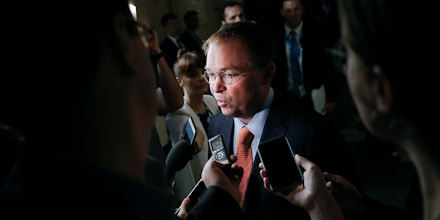 White House Budget Director Mick Mulvaney, speaks with members of the media after meeting with House GOP members on Capitol Hill in Washington, Tuesday, May 8, 2018. (AP Photo/Pablo Martinez Monsivais)