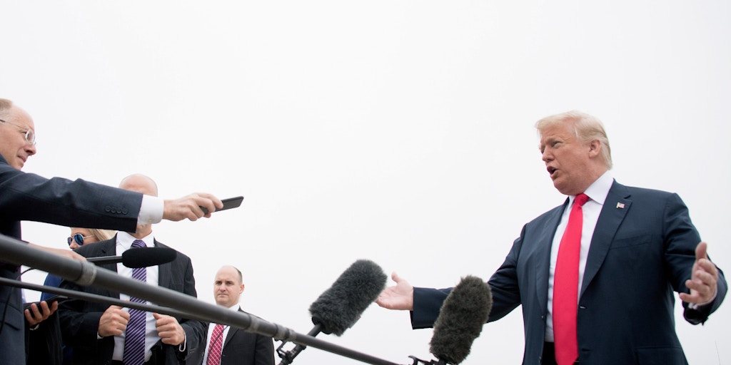 US President Donald Trump talks to the press before boarding Air Force One at Andrews Air Force Base, Maryland, on May 31, 2018, as he travels to Texas for Republican fundraisers. (Photo by JIM WATSON / AFP)        (Photo credit should read JIM WATSON/AFP/Getty Images)