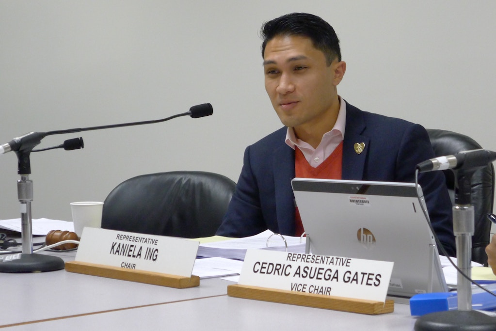 Hawaii Rep. Kaniela Ing speaks at a legislative hearing on Tuesday, Feb. 14, 2017 in Honolulu. Ing and other lawmakers are calling for more oversight of the commercial fishing industry after an Associated Press investigation found hundreds of foreign fishermen confined to boats and some living in subpar conditions. A bill would require fishing boat owners who want a commercial license to provide to the state a copy of the employment contracts with every fisherman before the license is granted. (AP Photo/Cathy Bussewitz)