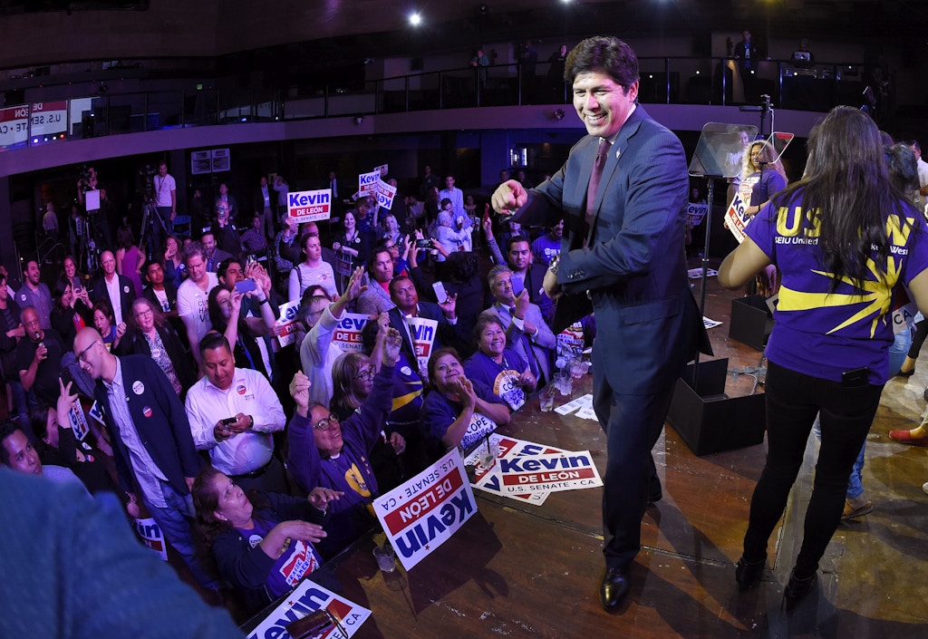 Kevin de Leon, state Senate president pro tem and Democratic candidate for the U.S. Senate, stands on stage after speaking during an election party Tuesday, June 5, 2018, in Los Angeles. (AP Photo/Mark J. Terrill)