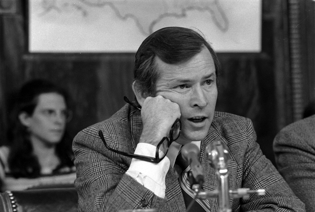 Senator Howard Baker, R-Tenn., Vice Chairman of the Senate Watergate Investigating Committee, questions witness James McCord during hearing in Washington D.C. on May 18, 1973.  (AP Photo)