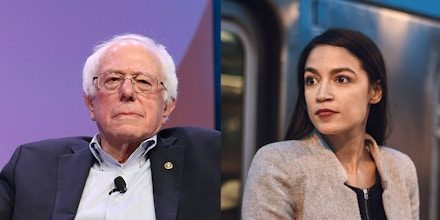 Sen. Bernie Sanders, left, is interviewed during the South by Southwest Conference in Austin, Texas, in 2018; Alexandria Ocasio-Cortez, right, campaigning in the Bronx, New York, in 2018.