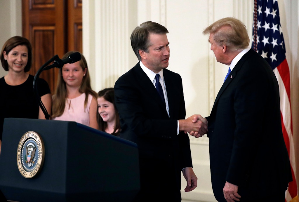 President Donald Trump greets  Judge Brett Kavanaugh his Supreme Court nominee, in the East Room of the White House, Monday, July 9, 2018, in Washington. (AP Photo/Evan Vucci)