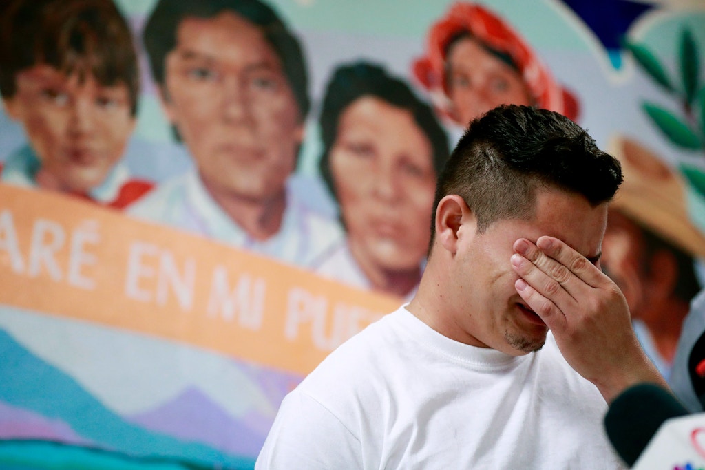 FILE - In this June 25, 2018 file photo, Christian, from Honduras, recounts his separation from his child at the border during a news conference at the Annunciation House,in El Paso, Texas.  A judge has put off at least until Monday, July 9,  a ruling on a Trump administration request for more time to reunite more than 100 children under 5 who were separated from their parents after crossing the border. U.S. District Judge Dana Sabraw ordered the Justice Department to share a list of the 101 children by Saturday afternoon with the American Civil Liberties Union, which successfully sued the administration to force the young children and families to be reunited by Tuesday. (AP Photo/Matt York, File)
