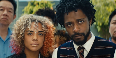 (l to r.) Tessa Thompson as Detroit and Lakeith Stanfield as Cassius Green star in director Boots Riley's SORRY TO BOTHER YOU, an Annapurna Pictures release.