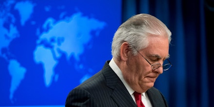 Rex Tillerson, outgoing US Secretary of State makes a statement after his dismissal at the State Department in Washington, DC, March 13, 2018.Secretary of State Rex Tillerson is the latest top official to leave a US administration where turnover has been inordinately high. / AFP PHOTO / SAUL LOEB (Photo credit should read SAUL LOEB/AFP/Getty Images)
