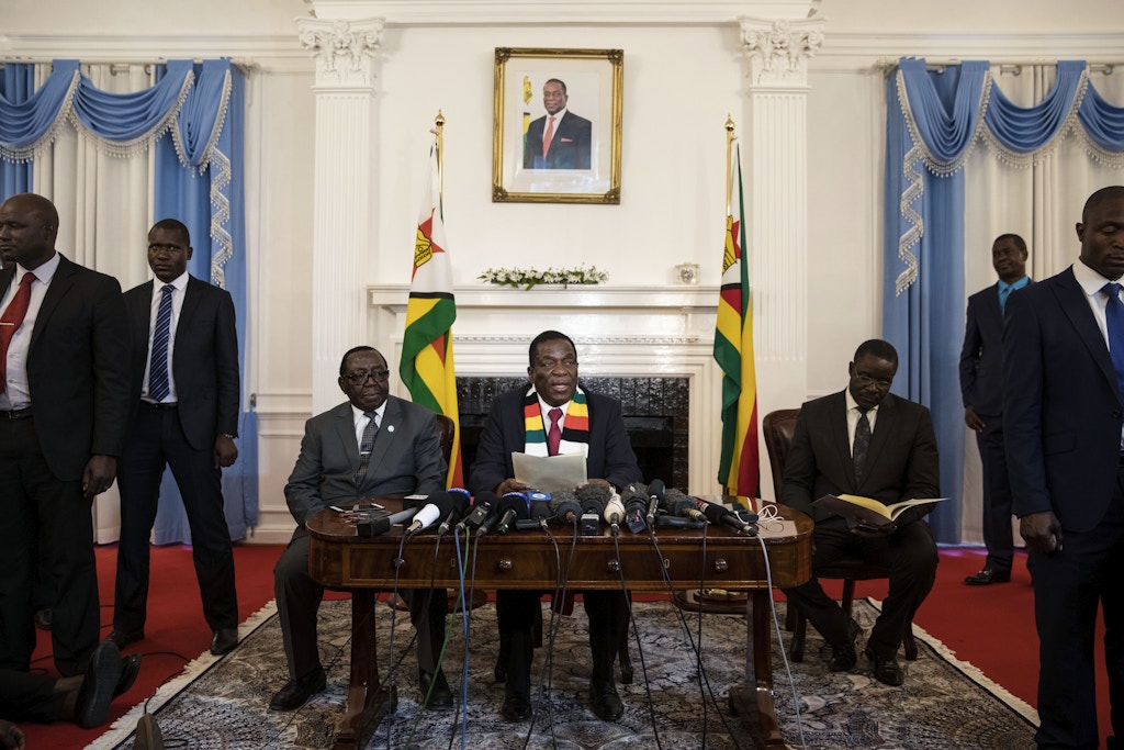 HARARE, ZIMBABWE - AUGUST 03: President-elect Emmerson Mnangagwa conducts a press conference on August 3, 2018 in Harare, Zimbabwe. Zimbabwe Electoral Commission (ZEC) officials last night announced the re-election of President Emmerson Mnangagwa of the ruling Zimbabwe African National Union - Patriotic Front (ZANU-PF). The election was the first since Robert Mugabe was ousted in a military coup last year, and featured a close race between Mnangagwa and opposition candidate Nelson Chamisa of the Movement for Democratic Change (MDC Alliance). Deadly clashes broke out earlier in the week following the release of parliamentary election results, amid allegations of fraud by Chamisa and MDC supporters. (Photo by Dan Kitwood/Getty Images)