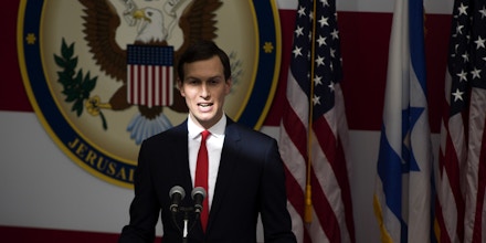 JERUSALEM, ISRAEL - MAY 14:  (ISRAEL OUT)  Senior White House Advisor Jared Kushner speaks on stage during the opening of the US embassy in Jerusalem on May 14, 2018 in Jerusalem, Israel. US President Donald J. Trump's administration officially transfered the ambassador's offices to the consulate building and temporarily use it as the new US Embassy in Jerusalem. Trump in December last year recognized Jerusalem as Israel's capital and announced an embassy move from Tel Aviv, prompting protests in the occupied Palestinian territories and several Muslim-majority countries.  (Photo by Lior Mizrahi/Getty Images,)