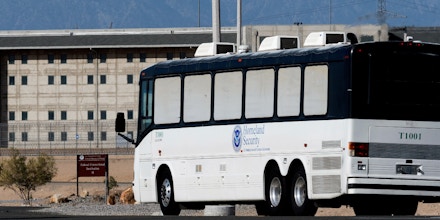 Homeland Security buses enter the Federal Correctional facility in Victorville, Calif., on Friday, June 8, 2018. More than 1,600 people arrested at the U.S.-Mexico border, including parents who have been separated from their children, are being transferred to federal prisons, U.S. immigration authorities confirmed Thursday. They said they're running out of room at their own facilities amid President Donald Trump's crackdown on illegal immigration. There are 1,000 beds available in this prison. (James Quigg/The Daily Press via AP)