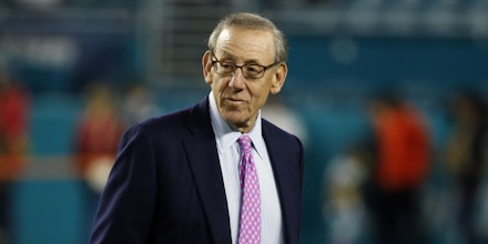 Miami Dolphins owner Stephen M. Ross watches his team before an NFL football game against the New England Patriots, Monday, Dec. 11, 2017, in Miami Gardens, Fla. (AP Photo/Wilfredo Lee)