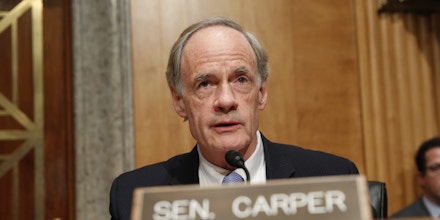 Senate Governmental Affairs Subcommittee Ranking Member Thomas Carper, D-Del., speaks during a hearing on international mail and the opioid crisis, Thursday, Jan. 25, 2018, on Capitol Hill in Washington. China said Thursday it is ready to work with the United States in fighting illicit opioid shipments after congressional investigators found that Chinese opioid manufacturers exploit weak screening in the U.S. Postal Service to ship large quantities of illegal drugs to American dealers. (AP Photo/Jacquelyn Martin)