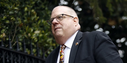 Maryland Gov. Larry Hogan arrives at a news conference in Annapolis, Md., Monday, April 9, 2018, the final day of the state's 2018 legislative session. (AP Photo/Patrick Semansky)