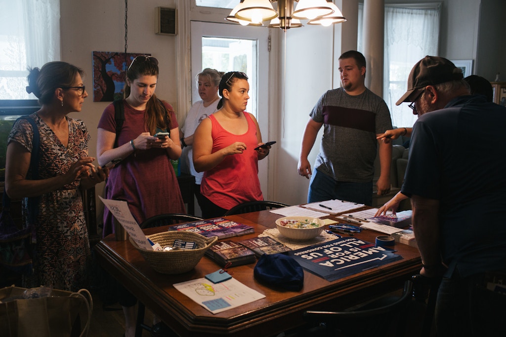 Volunteers gather to canvas for Jess King, a first-time candidate running for Congress in Pennsylvania's 11th District, at another volunteer's home in Mount Joy, Pennsylvania on Saturday, August 18, 2018. King, who lives in nearby Lancaster, is running as a progressive Democrat.(Michelle Gustafson for The Intercept)