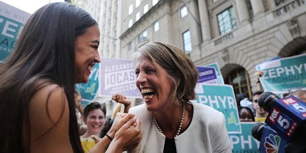 Congressional nominee Alexandria Ocasio-Cortez stands with Zephyr Teachout after endorsing her for New York City Public Advocate on July 12, 2018 in New York City, N.Y.. The two liberal candidates held the news conference in front of the Wall Street bull in a show of standing up to corporate moneyPhoto: Spencer Platt/Getty