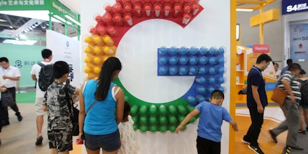 CHONGQING, CHINA - AUGUST 23: People visit the Google pavilion during the Smart China Expo at Chongqing International Expo Center on August 23, 2018 in Chongqing, China. The first Smart China Expo with the theme of 'Smart Technology: Empowering Economy, Enriching Life' is held on August 23-25 in Chongqing. (Photo by VCG/VCG via Getty Images)