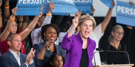 CAMBRIDGE, MA - SEPTEMBER 09:  U.S. Sen. Elizabeth Warren speaks at a rally held for Democratic gubernatorial candidate Jay Gonzalez (L) and congressional Democratic candidate Ayanna Pressley (2nd L)  on September 9, 2018 in Cambridge, Massachusetts.  (Photo by Scott Eisen/Getty Images)