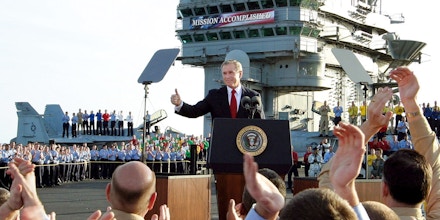 ** FILE ** In this May 1, 2003 file photo, President Bush gives a 