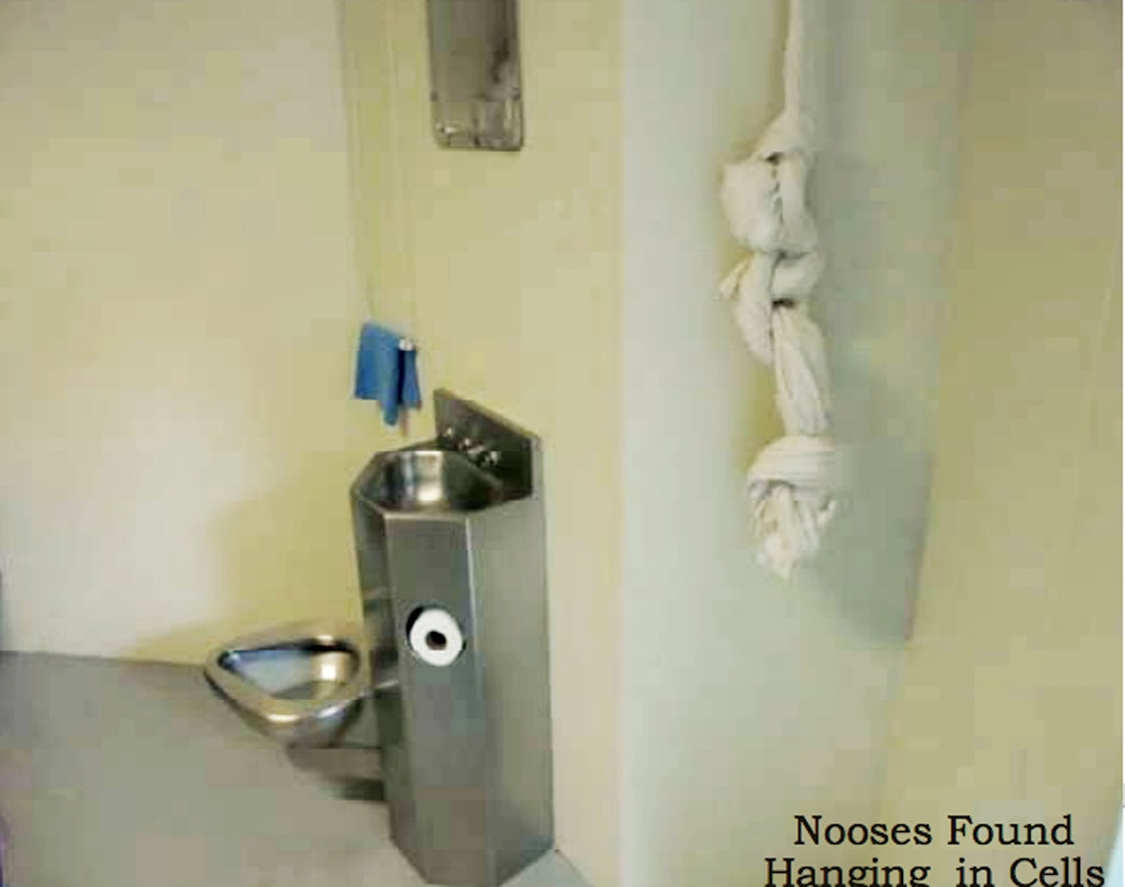 This May 1, 2018 photo from the Department of Homeland Security's Office of the Inspector General (OIG) shows a noose fashioned from bedsheets in a cell at the Adelanto Detention Center in Adelanto, Calif., a desert community 70 miles (113 kilometers) northeast of Los Angeles. Federal inspectors found nooses made from bedsheets hanging in more than a dozen cells during an inspection in May, 2018, The OIG issued a scathing report after visiting the privately-run detention facility run by the GEO Group. There were at least seven suicide attempts at the facility between December 2016 and October 2017, and a 32-year-old man killed himself by hanging in March 2017, according to the report. (OIG via AP)