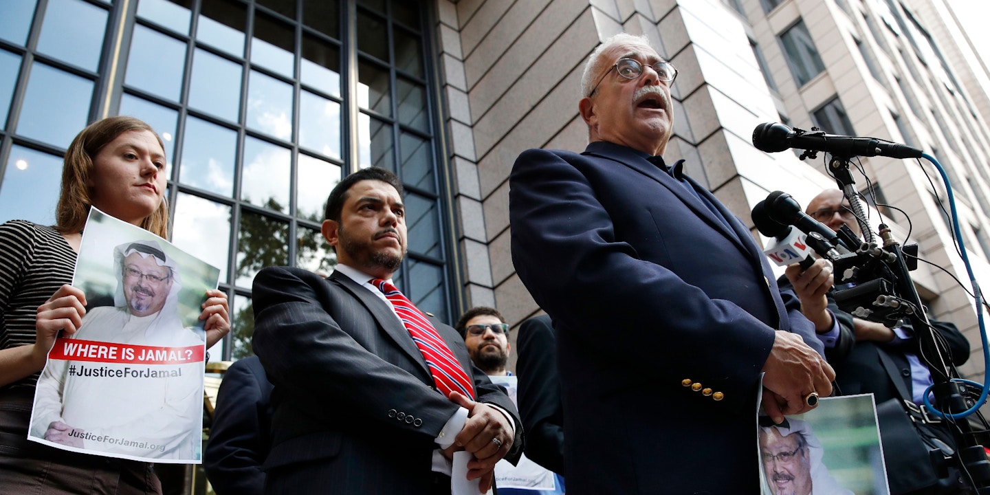 Rep. Gerry Connolly, D-Va., right, speaks during a news conference about journalist Jamal Khashoggi's disappearance in Saudi Arabia, Wednesday, Oct. 10, 2018, in front of the Washington Post in Washington. (AP Photo/Jacquelyn Martin)