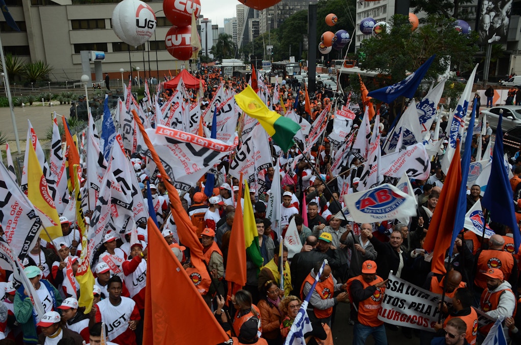 Protesters linked to trade unions held a protest on Paulista Avenue, west of Sao Paulo, southeastern Brazil, against unemployment and higher interest rates on June 2, 2015. According to the press office of the Military Police, 400 people participate in the demonstration. Photo: J. DURAN MACHFEE/ESTADAO CONTEUDO (Agencia Estado via AP Images)