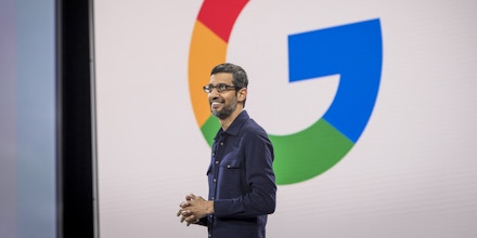 Sundar Pichai, chief executive officer of Google Inc., smiles during the company's Cloud Next '18 event in San Francisco, California, U.S., on Tuesday, July 24, 2018. The Cloud Next conference brings together industry experts to discuss the future of cloud computing. Photographer: David Paul Morris/Bloomberg via Getty Images