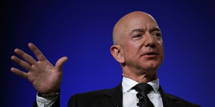 NATIONAL HARBOR, MD - SEPTEMBER 19:  Amazon CEO Jeff Bezos, founder of space venture Blue Origin and owner of The Washington Post, participates in an event hosted by the Air Force Association September 19, 2018 in National Harbor, Maryland. Bezos talked about innovating in large organizations as well as staying on the cutting edge in the space industry.  (Photo by Alex Wong/Getty Images)