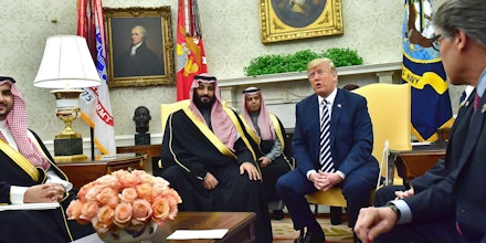 WASHINGTON, DC - MARCH 20: President Donald Trump meets Crown Prince Mohammed bin Salman of the Kingdom of Saudi Arabia in the Oval Office at the White House on March 20, 2018 in Washington, D.C. (Photo by Kevin Dietsch-Pool/Getty Images)