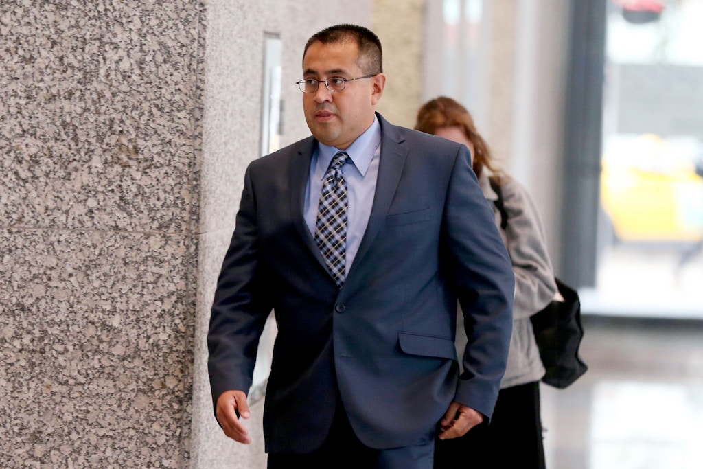 FILE - In this Aug. 28, 2017, file photo, former Chicago police Officer Marco Proano leaves the federal building in Chicago. Proano's scheduled sentencing Monday, Nov. 20, 2017 comes three months after he was convicted of using excessive force in violation of the victims' civil rights. Prosecutors want a sentence up to eight years in prison because Proano could have killed six teens when he fired indiscriminately into the car. (Terrence Antonio James/Chicago Tribune via AP File)