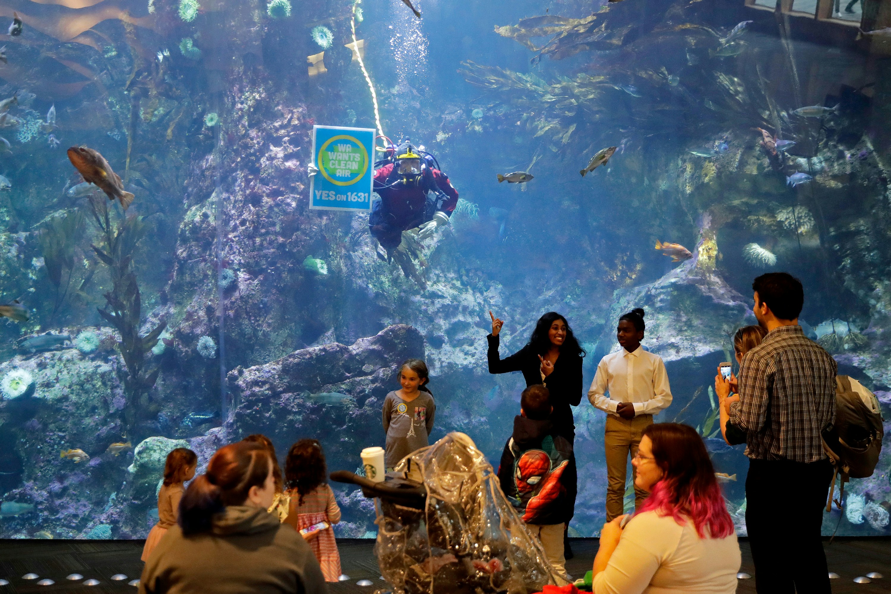 Diver Kim Thomas holds a "Yes on 1631" sign as she dives in a large aquarium display at the Seattle Aquarium during an event to announce the endorsement of Initiative 1631 by the aquarium and the Woodland Park Zoo, Thursday, Oct. 25, 2018, in Seattle. Voters will consider I-1631, which would charge large polluters an escalating fee on fossil-fuel emissions, in the upcoming Nov. 6, 2018 election. (AP Photo/Ted S. Warren)