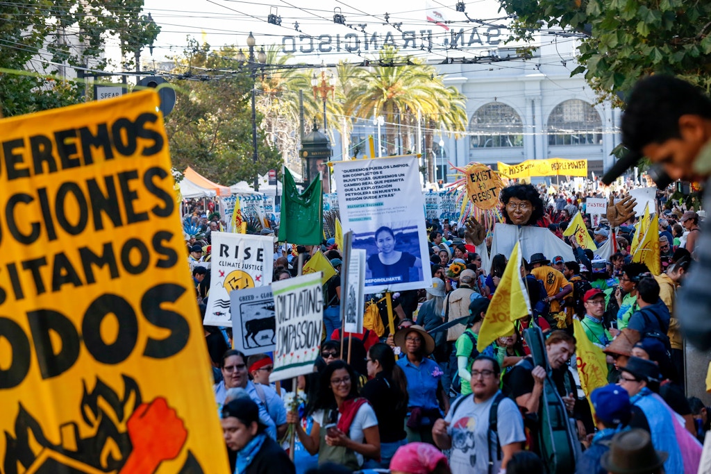Crowds gather for the "Rise For Climate" march on September 8, 2018 in downtown San Francisco, California. - "Rise For Climate" is a global day of action demanding real climate solutions from local leaders. (Photo by Amy Osborne / AFP)        (Photo credit should read AMY OSBORNE/AFP/Getty Images)