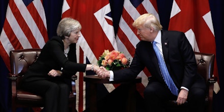British Prime Minister Theresa May meets with US President Donald Trump, September 26, 2018 on the sidelines of the United Nations General Assembly (UNGA) in New York. (Photo by PETER FOLEY / POOL / AFP) (Photo credit should read PETER FOLEY/AFP/Getty Images)