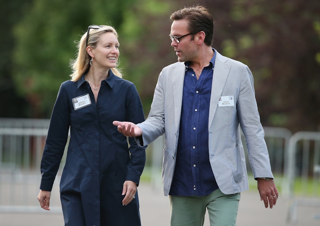 SUN VALLEY, ID - JULY 10:  James Murdoch, chief executive officer of 21st Century Fox, and his wife Kathryn attend the Allen & Company Sun Valley Conference on July 10, 2015 in Sun Valley, Idaho. Many of the worlds wealthiest and most powerful business people from media, finance, and technology attend the annual week-long conference which is in its 33rd year.  (Photo by Scott Olson/Getty Images)