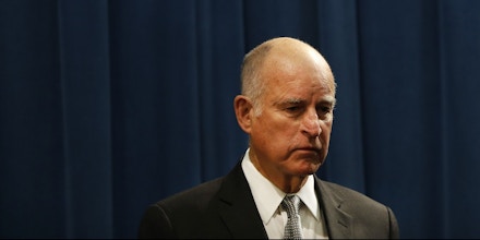 SACRAMENTO, CA - MARCH 07: California Governor Jerry Brown speaks during a press conference at the California State Capitol on March 7, 2018 in Sacramento, California. The press conference in response to an earlier speech by U.S. Attorney General Jeff Sessions at a nearby hotel and the Justice Department's decision to sue the State of California over its controversial sanctuary policies for undocumented immigrants. (Photo by Stephen Lam/Getty Images)