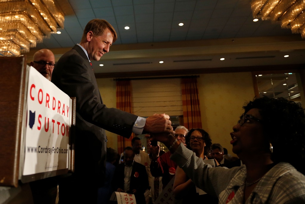 COLUMBUS, OH - MAY 08:  Democratic Gubernatorial candidate Richard Cordray shakes hands with supporters after speaking during a primary night event on May 8, 2018 in Columbus, Ohio. Cordray, the former director of the Consumer Finance Protection Bureau, defeated Larry Ealy, former U.S. Rep. Dennis Kucinich, Ohio Supreme Court Justice Bill O'Neill, Paul Ray, and Ohio State Senator Joseph Schiavoni. (Photo by Kirk Irwin/Getty Images)