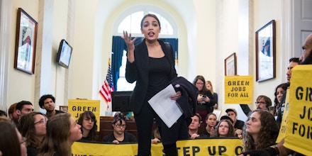 Alexandria Ocasio-Cortez, congresswoman-elect from New York, speaks to activists with the Sunrise Movement protesting in the offices of House Minority Leader Nancy Pelosi (D-Calif.) on Capitol Hill, in Washington, Nov. 13, 2018. (Sarah Silbiger/The New York Times)