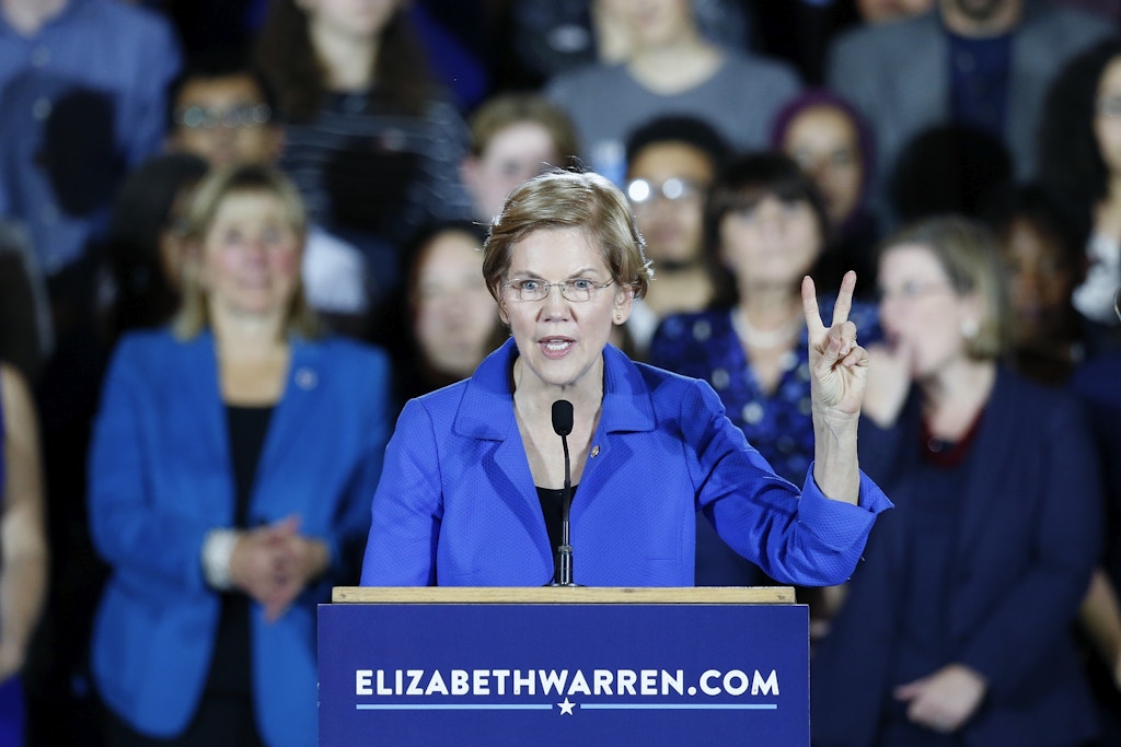 Sen. Elizabeth Warren gives her victory speech at a Democratic election watch party in Boston, Tuesday, Nov. 6, 2018. (AP Photo/Michael Dwyer)