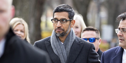 Sundar Pichai, chief executive officer of Google LLC, center, arrives to the White House for a meeting in Washington, D.C., U.S., on Thursday, Dec. 6, 2018. Technology industry leaders arrived to the White House for a summit to talk about emerging innovations like artificial intelligence while the effects of the administration's trade war with China loom in the background. Photographer: Andrew Harrer/Bloomberg via Getty Images