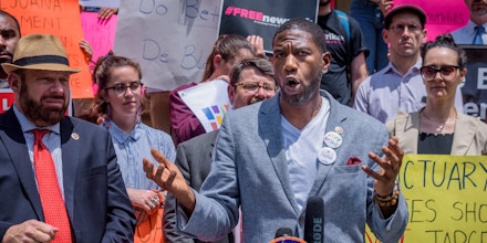 CITY HALL STEPS, NEW YORK, UNITED STATES - 2018/06/20: Council Member Jumaane Williams - Advocates, community organizations, and Council Members held a press conference and rally at the steps of City Hall, challenging Mayor de Blasio and the NYPDs newly-announced marijuana enforcement policy, urging the Mayor to end racially biased marijuana arrests completely. The Mayor and NYPD Commissioner announced the policy shift yesterday in the culmination of their 30-day review period to assess marijuana enforcement in NYC. (Photo by Erik McGregor/Pacific Press/LightRocket via Getty Images)