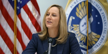New Bureau of Consumer Financial Protection Director Kathy Kraninger speaks to media at the Bureau of Consumer Financial Protection offices in Washington, Tuesday, Dec. 11, 2018. (AP Photo/Carolyn Kaster)
