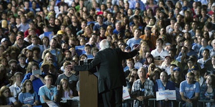 Democratic presidential candidate Sen. Bernie Sanders, I-Vt. speaks to supporters during a campaign rally at Prince William Fairground in Manassas, Va., Monday, Sept. 14, 2015. (AP Photo/Cliff Owen)