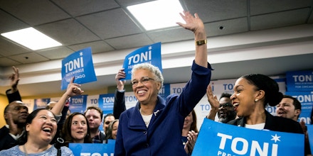 Chicago mayoral candidate Toni Preckwinkle speaks at her election night event in Chicago on Tuesday, Feb. 26, 2019. Cook County Board President Preckwinkle will face former federal prosecutor Lori Lightfoot in a runoff to become Chicago's next mayor. The race will guarantee the nation's third-largest city will be led the next four years by an African-American woman. (Ashlee Rezin/Chicago Sun-Times via AP)