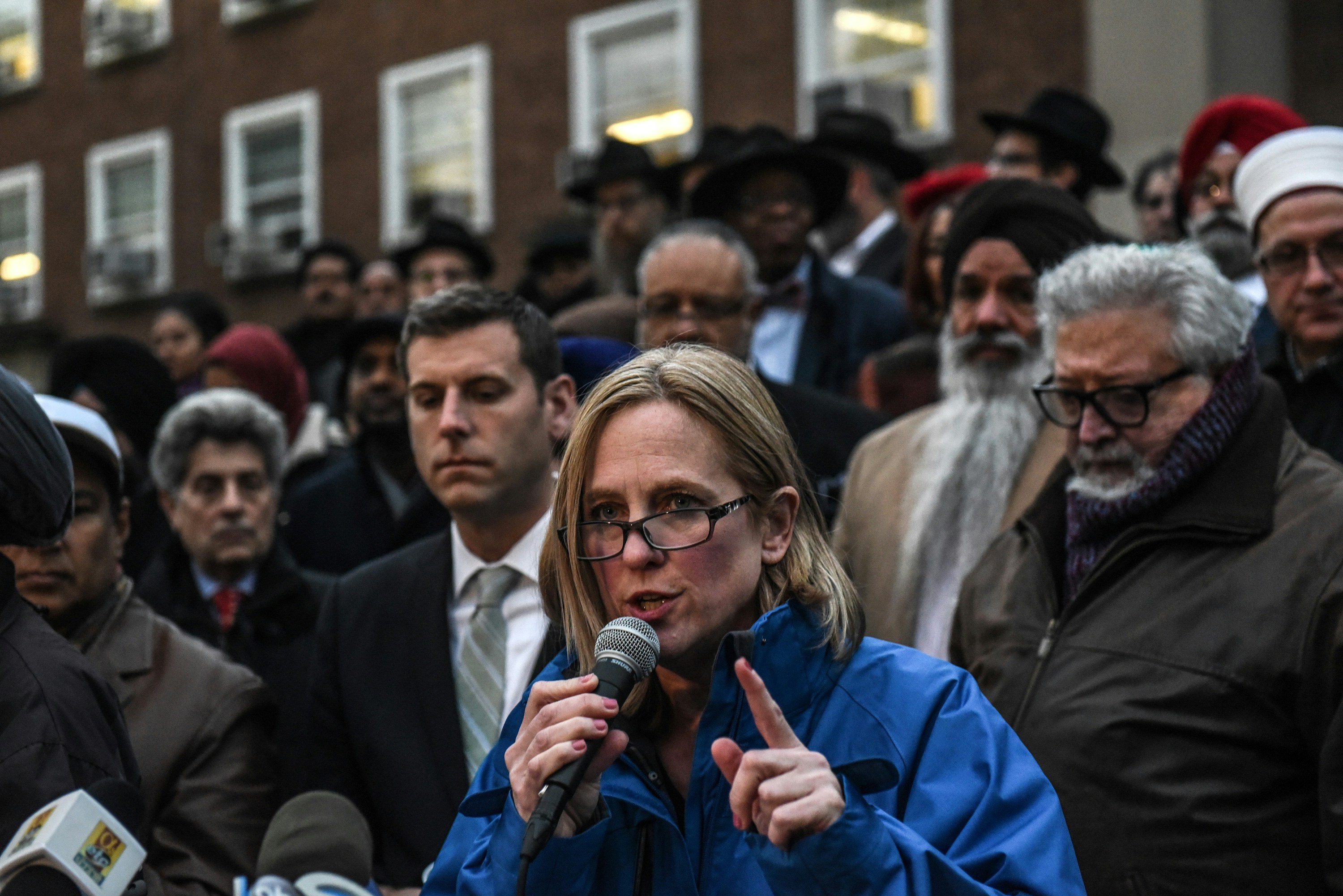 NEW YORK, NY - OCTOBER 29: Melinda Katz, the Queens Borough president, speaks during a vigil in memory of the victims of the mass shooting at the Tree Of Life Synagogue on the steps of Queens Borough Hall on October 29, 2018 in New York City. Eleven people were killed and six more were wounded in the mass shooting that police say was fueled by antisemitism. (Photo by Stephanie Keith/Getty Images)