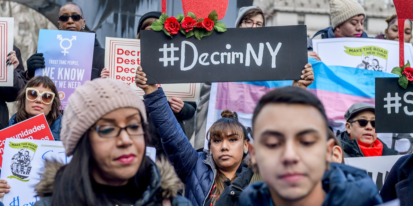 FOLEY SQUARE, NEW YORK, UNITED STATES - 2019/02/25: LGBTQ+, immigrant rights, harm reduction and criminal justice reform groups, led by people who trade sex, launched 20+ organization coalition, Decrim NY, to decriminalize and decarcerate the sex trades in New York city and state. Senate Labor Committee Chair Ramos and Womens Health Committee Chair Salazar and Assembly Health Committee Chair Gottfried announced intention to introduce comprehensive decriminalization bill this session. (Photo by Erik McGregor/Pacific Press/LightRocket via Getty Images)