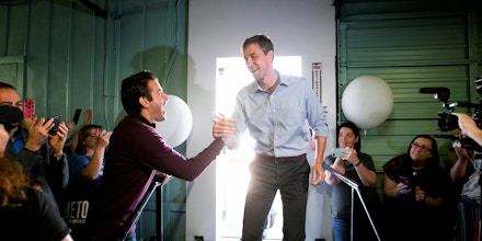 Democratic presidential candidate Beto O'Rourke greets audience members at Pimenta, Wednesday, April 17, 2019, in Fredericksburg, Va. (Mike Morones/The Free Lance-Star via AP)